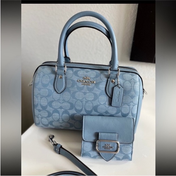 Coach Rowan Blue Signature Handbag and Wallet Set